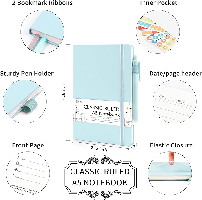 feela 12 Pack Notebooks Journals Bulk, Hardcover Notebook Classic Ruled Lined Journals with Pen Holder for Women Girls School Business Supplies, with 12 Black Pens, 120 GSM, 5.1”x8.3”, A5, Sky Blue - Bloomnest