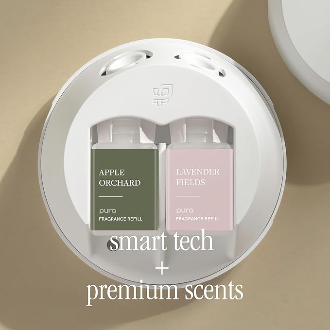 Pura - Smart Home Fragrance Device Starter Set - Pura 4 - Scent Diffuser for Home - Includes Fragrance Aroma Diffuser - Square Box, Apple Orchards and Lavender Fields Scent Refills - Bloomnest