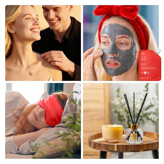35 Pcs Valentines Day Gift for Women, Red Rose Bath and Body Basket Gift, Face Skin Care Kit, Home Spa Self Care, Lip Gloss, Diffuser, Necklace, Birthday, Christmas, Mother, Bridal Shower, Anniversary - Bloomnest
