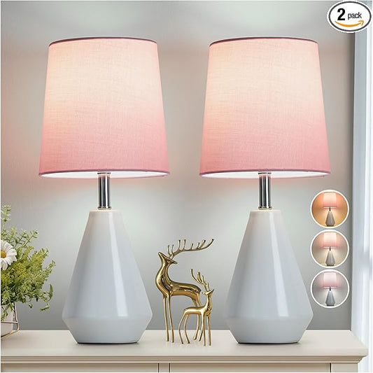 Small Bedside Table Lamp for Bedroom-Reading Desk Lamp Set of 2,with 3 Color Temperatures,15.5" Nightstand Ceramic Lamp with Fabric Shade for Kids Room,Living Room,Dorm,Home Office - Bloomnest