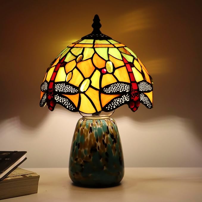 Tiffany Mushroom Table Lamp Dragonfly Style Yellow Stained Glass Accent Lamp Brown Blue Glass Base 8X8X12 Inch - Bloomnest