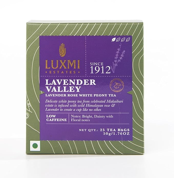 Luxmi Estates Lavender Valley Organic Lavender Tea (25 Tea Bags) Low Caffeine Tea Bags For Sleep, Relaxing, Calming, and Stress Relief, With Certified Organic Darjeeling Makaibari White Tea - Bloomnest