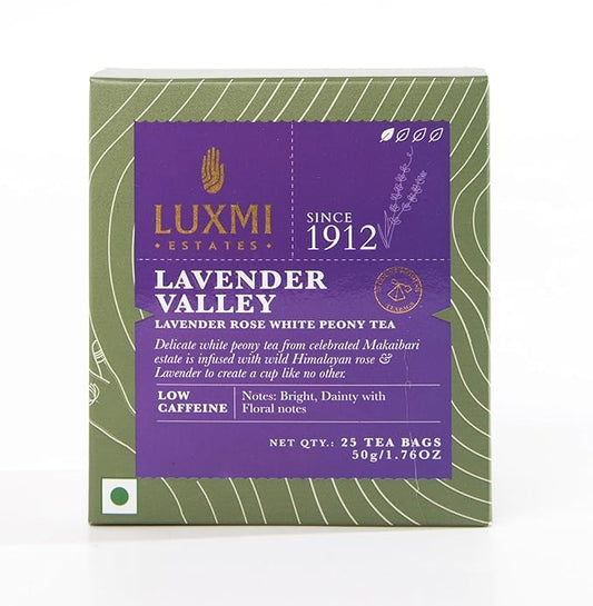 Luxmi Estates Lavender Valley Organic Lavender Tea (25 Tea Bags) Low Caffeine Tea Bags For Sleep, Relaxing, Calming, and Stress Relief, With Certified Organic Darjeeling Makaibari White Tea - Bloomnest