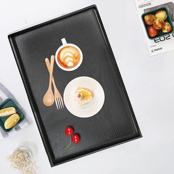 17.7 x 13 Inches Extra Large Solid Wood Serving Tray for Tea Coffee Table Snack Food Meals Serving Plate Kitchen Party Bar Breakfast Server with Raised Edges Black Wooden Decorative Ottoman Tray - Bloomnest