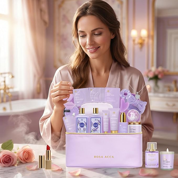 25 Pcs Valentines Day Gifts for Women, Lavender Bath & Body Gift Set, Hydrating Skin Care Set, Self Care Gifts, Face Sheet Mask, Cosmetic Bag, Necklace, Christmas, Birthday, Mothers Day - Bloomnest