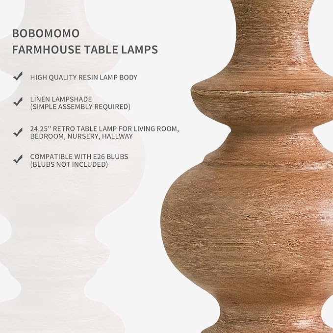 BOBOMOMO 24" Farmhouse Table Lamps Set of 2 – Rustic Light Brown Resin Bedside Lamps with Linen Shades, Medium Size Nightstand Lamps for Bedroom, Living Room, and Entryway, Ideal for Warm, Cozy Spaces - Bloomnest