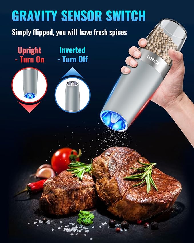 XinXu Gravity Electric Pepper and Salt Grinder Set, Adjustable Coarseness, with LED Light, One Hand Automatic Operation (Set/Light Grey X) - Bloomnest