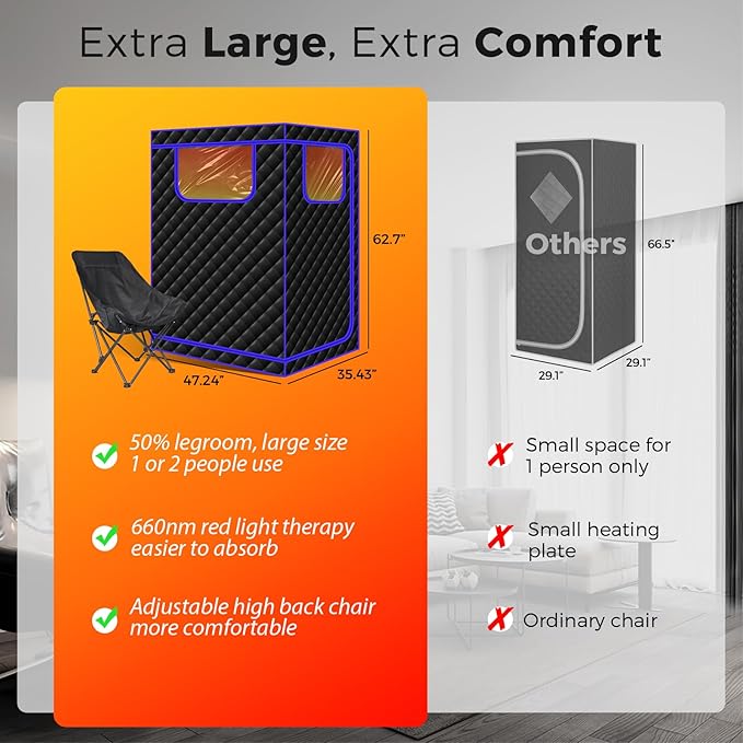 Smartmak Portable Infrared Sauna,1 or 2 Person Oversize Infrared Sauna Box with 660nm Red Light Therapy, Full Body Sauna Tent for Home, Folding Chair (Blue-2 Person) Smartmak