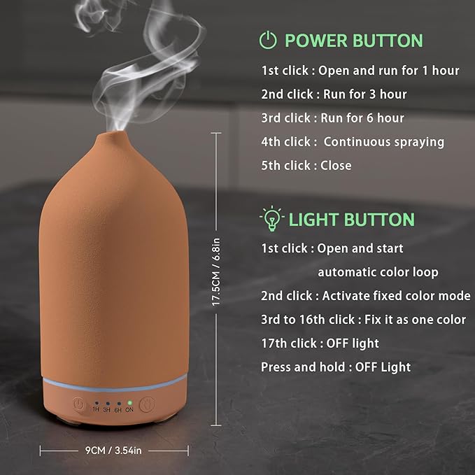 200ML Ceramic Essential Oil Diffuser - Ultrasonic Aromatherapy & Humidifier with 7-Color LED Lights, Auto Shut-Off, Brown, 1H/3H/6H Timer | Scent for Home,Office,Yoga - Bloomnest
