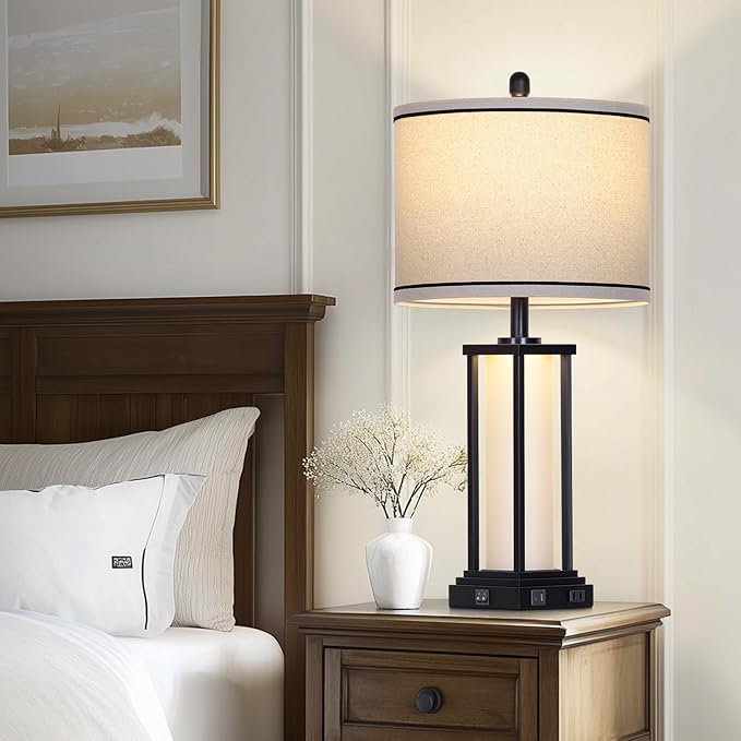 27in Tall Farmhouse Table Lamp with USB C+A & Outlet,Black Industrial End Table Lamp for Living Room,Vintage Rustic Bedside Lamp with Night Light for Bedroom Nightstand,Single Black - Bloomnest