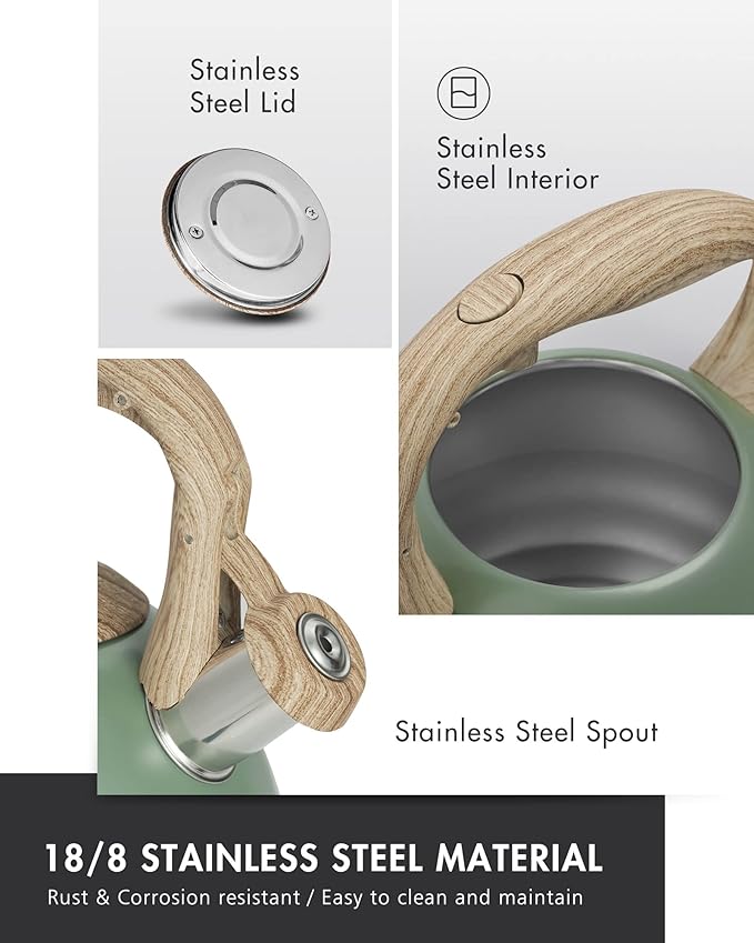 Poliviar Tea Kettle, 2.7 Quart Seaweed Green Finish with Wood Pattern Handle Loud Whistle Food Grade Stainless Steel Teapot, Anti-Hot Handle and Anti-Rust, Suitable for All Heat Sources (JX2020-SB30) - Bloomnest
