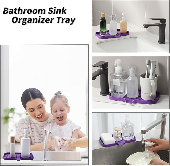 Silicone Bathroom Soap Dishes with Drain Spout-Bathroom and Kitchen Sink Organizer,Sponge Holder,Dish Soap Tray,Perfect for Dispenser,Scrubber,Bottle,Cup on Sink or Counter-Purple 9.6"×5.3" - Bloomnest