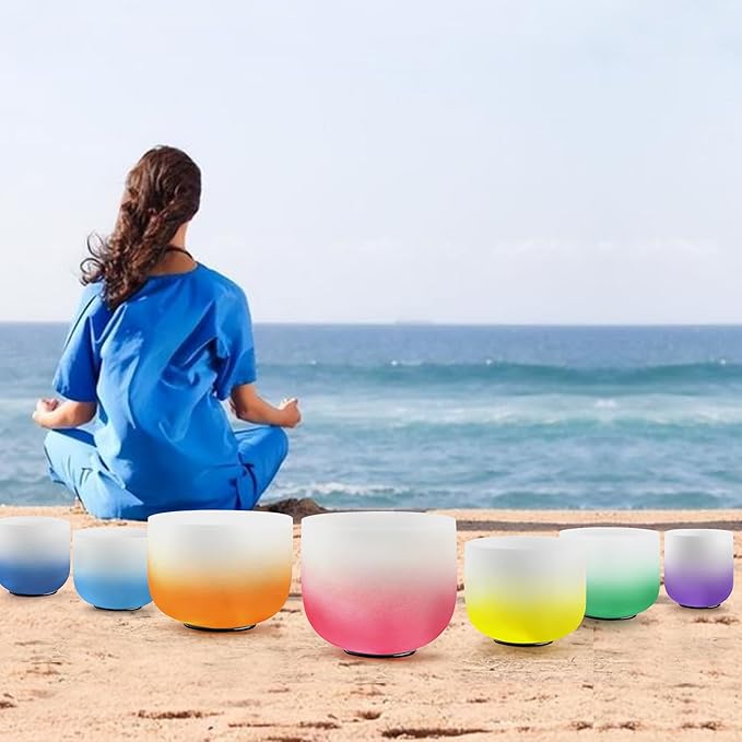 Ryan Dvan 432Hz 7"-12" Set of 7 Crystal Singing Bowl Set – Gradient Color Quartz Bowls for Chakra Healing, Meditation, Sound Bath & Yoga.Sound Therapy Tools with Suede Mallets & O-Rings. - Bloomnest
