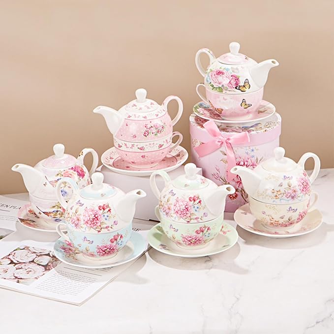 ONEUSTAR Tea for One Set Ceramic Floral Teapot and Cup Saucer Set for Women Afternoon Tea Mother's Day Gift in Reusable Gift Box, Pink Rose Flower - Bloomnest