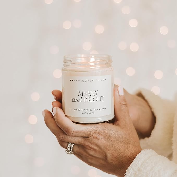 Sweet Water Decor Merry and Bright Candle - Bayberry, Fir, Nutmeg, and Clove Winter Holiday Scented Soy Candles for Home - 9oz Clear Jar, 40 Hour Burn Time, Made in The USA - Bloomnest