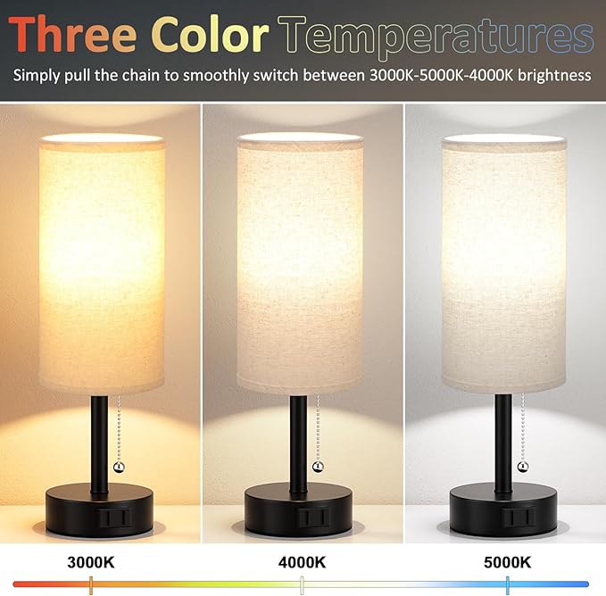Fenmzee Bedside Table Lamps Set of 2-3 Color Temperatures Pull Chain Lamp with AC Outlet Charging Port, Round Night Stand Lamps for Bedroom Guest Room Office, Small Bed Side Light with E26 LED Bulbs - Bloomnest