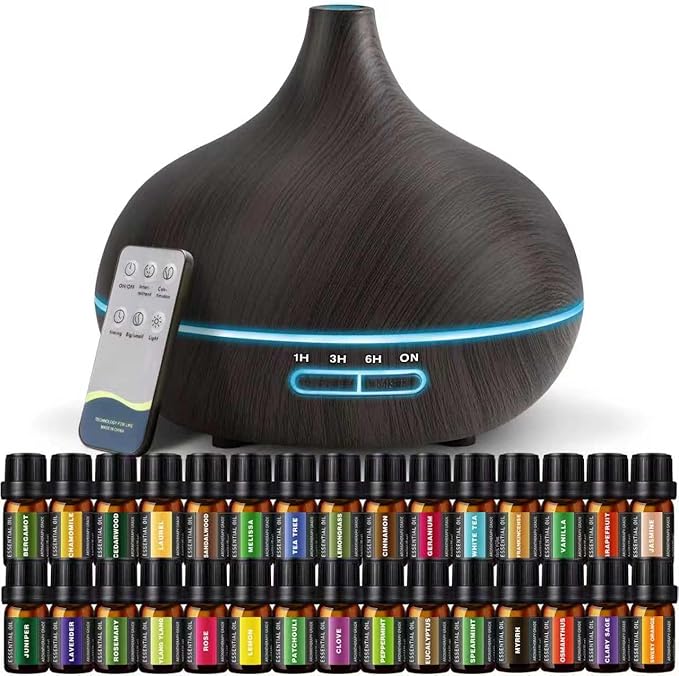 SACATR 550ml Oil Diffuser with 30x5 mL Essential Oils, Ultrasonic Technology, Remote Control for Home Office - Bloomnest