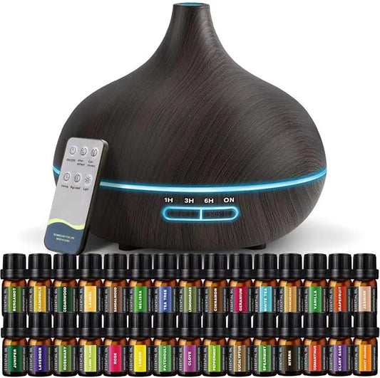 SACATR 550ml Oil Diffuser with 30x5 mL Essential Oils, Ultrasonic Technology, Remote Control for Home Office - Bloomnest