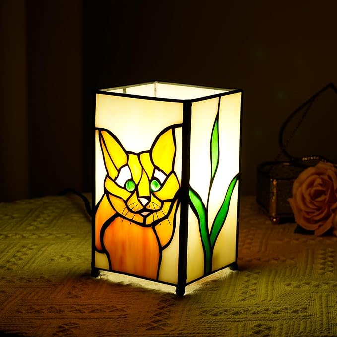 Tiffany Lamp Stained Glass lamp Small Bedside Table Lamps for Living Room Home Decor,Girls Women Birthday Christmas Thanksgiving Day Gift,Cat - Bloomnest