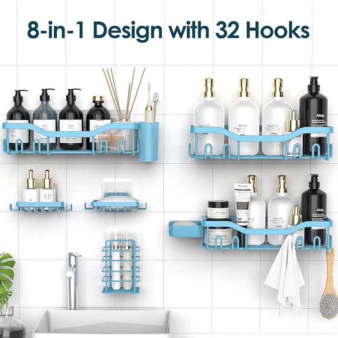 Shower Caddy Adhesive Shower Organizer 8-Pack, Rustproof Stainless Steel Bathroom Shelves, Large Capacity No-Drill Rack Storage Accessories with Soap Dish Toothbrush Holder Hooks - Bloomnest
