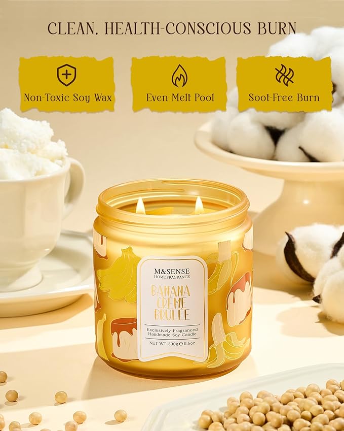 M&SENSE Banana Cream Pudding Scented Candle, 11.6oz Natural Soy Wax, 70 Hours Long Lasting Clean Burn, Holiday Jar Candle for Home Decor, Non-Toxic Relaxing Aromatherapy Gifts for Women - Bloomnest