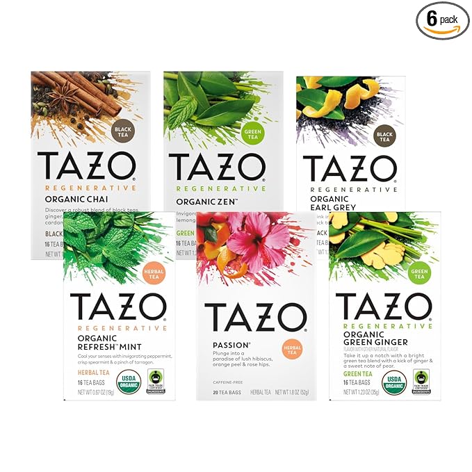 TAZO Tea Bags, Regenerative Organic: Refresh Mint Herbal, Zen Green, Green Ginger, Chai Black, Early Grey, & Passion Herbal (1ea) (Variety Pack) - Bloomnest