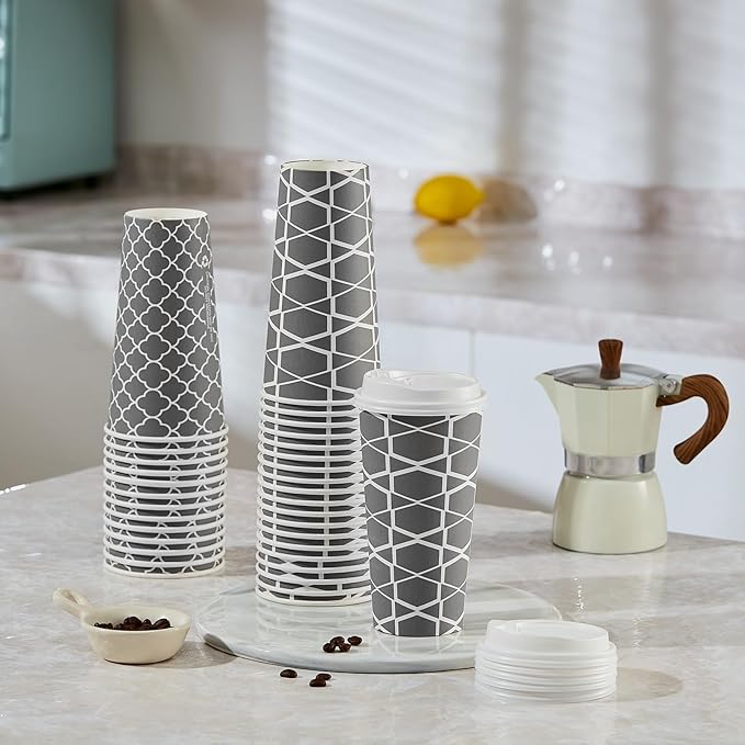 JOLLY PARTY Disposable Coffee Cups with Lids -20 oz (100 Sets) To Go Cups, Paper Coffee Cups for Beverages Espresso Tea, Suitable for Cafes, Offices and Home - Bloomnest