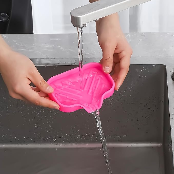 Silicone Bathroom Soap Dishes with Drain Spout-Bathroom and Kitchen Sink Organizer,Sponge Holder,Dish Soap Tray,Perfect for Dispenser,Scrubber,Bottle,Cup on Sink or Counter-Rose 4.9"×3.2" - Bloomnest