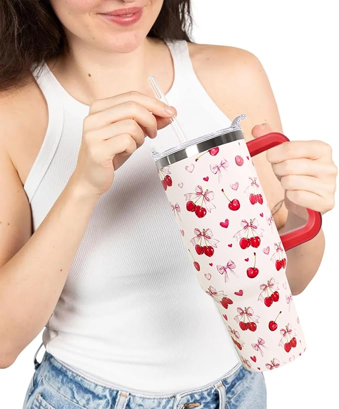40oz Cherry Bow Coffee Mug Cup Water BottlesTumbler With Handle Lid and Straw,Cherry Decor Stuff Accessories - Bloomnest