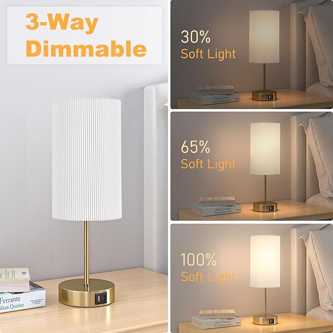 AKASUKI Table Lamp for Bedroom, 3 Way Dimmable Touch Lamp with Dual Charging Station, Small Bedside Lamps for Night Stands, Living Room, Office(LED Bulb Included) - Bloomnest