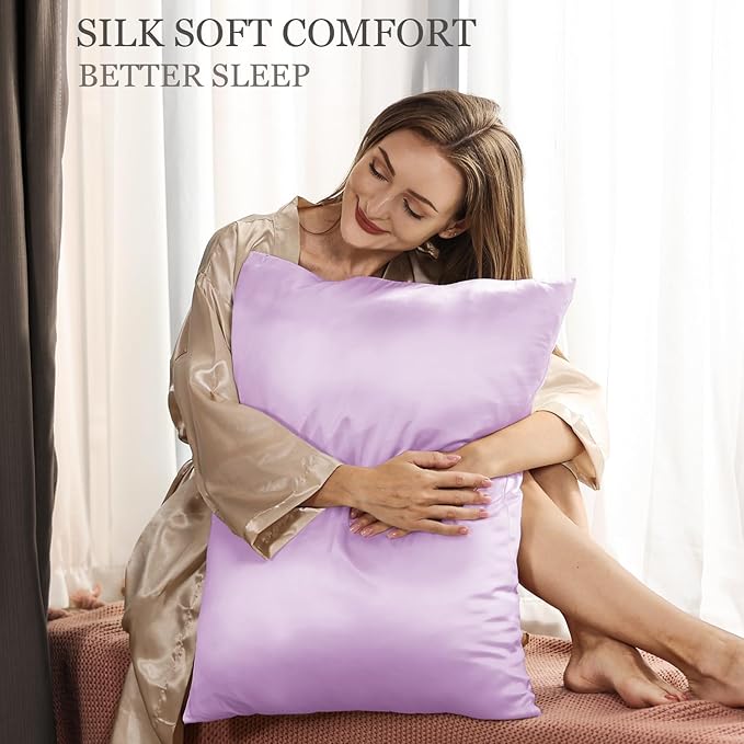 Adubor 100% Mulberry Silk Pillowcase for Hair and Skin with Hidden Zipper, Both Side 23 Momme Silk, 900 Thread Count(20x26 inches, Standard Size, Light Purple, 1pc) - Bloomnest