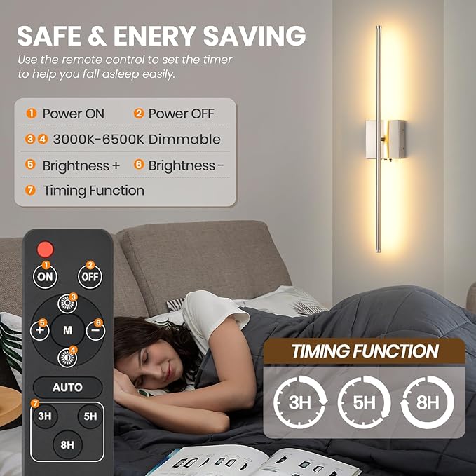 Wireless Battery Operated Wall Sconces, 11000mAh Rechargeable Brushed Nickel Wall Light with Remote Control, 350°Rotate Dimmable Wall Lamp, 3 Color Temperatures, for Bedroom Living Room Hallway, 1 PCS - Bloomnest
