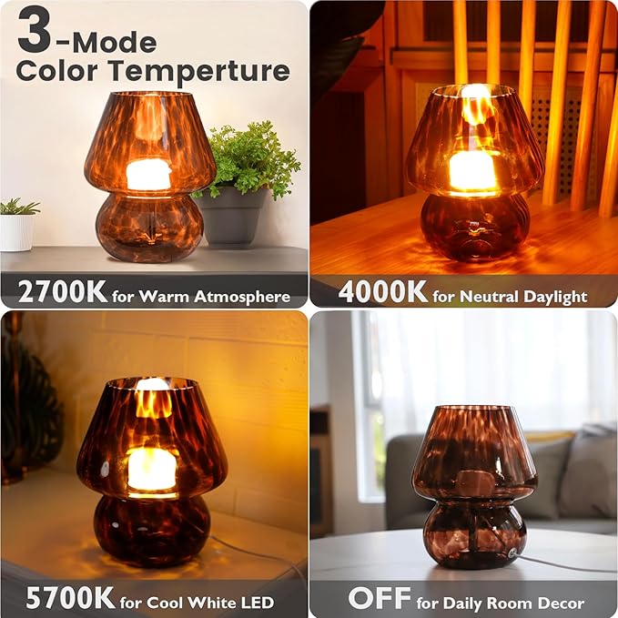 USB Plug-in Vintage Mushroom Lamp Small Bedside Table Lamp with 3 Temperature LED Bulb,Free Dimming Nights Light for Bedroom/Living Room/Entryway/Corner Decor New Home Gift (Golden Amber) - Bloomnest