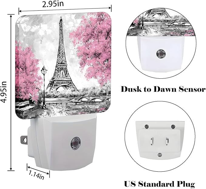 Cherry Blossoms and Eiffel Tower Night Light,Plug Into Wall Decor for Stairway,Hallway,Kitchen,Dusk to Dawn Sensor Nightlights for Boys/Girls/Women/Men Room Gifts - Bloomnest