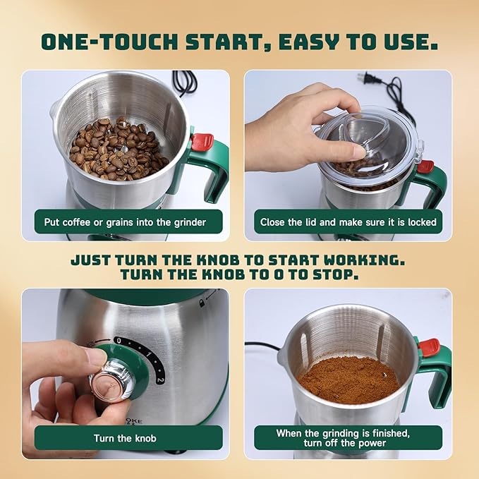 Electric Spice and Nut Grinders - 3 Stainless Steel Blades, 1 Filter, 1 Brush - 500W Grinder for Kitchen, Dry Use (Green) - Bloomnest