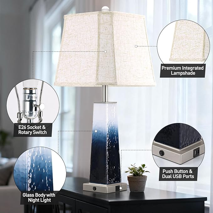 Coastal Blue Glass Table Lamp with Night Light & USB C+A Ports - 28" Extra Large Bedroom Lamp with Integrated Fabric Lampshade for Living Room Nightstand, Bulb Included, 1Pack - Bloomnest