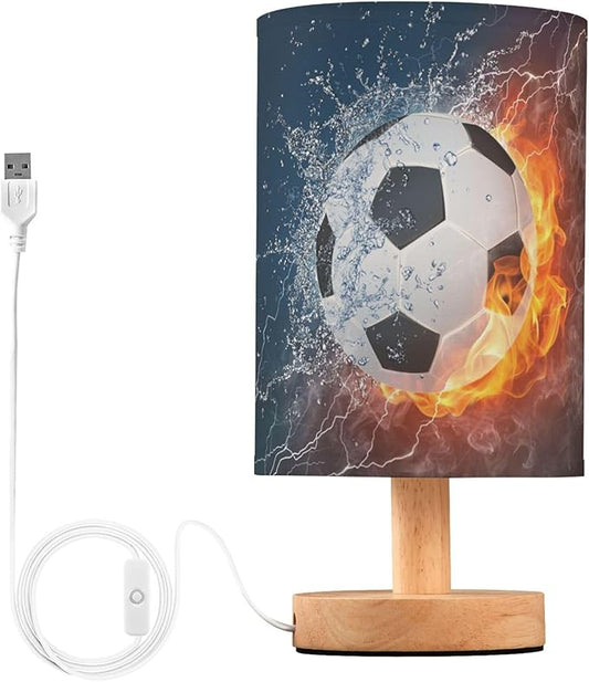 Table Lamp Soccer Ball in Fire Flame Water Sport Design American Football Nightstand Lamp with Wood Base Fabric Lamp Shade Bedside Desk Lamp for Living Room Bedroom Kids Room Office - Bloomnest