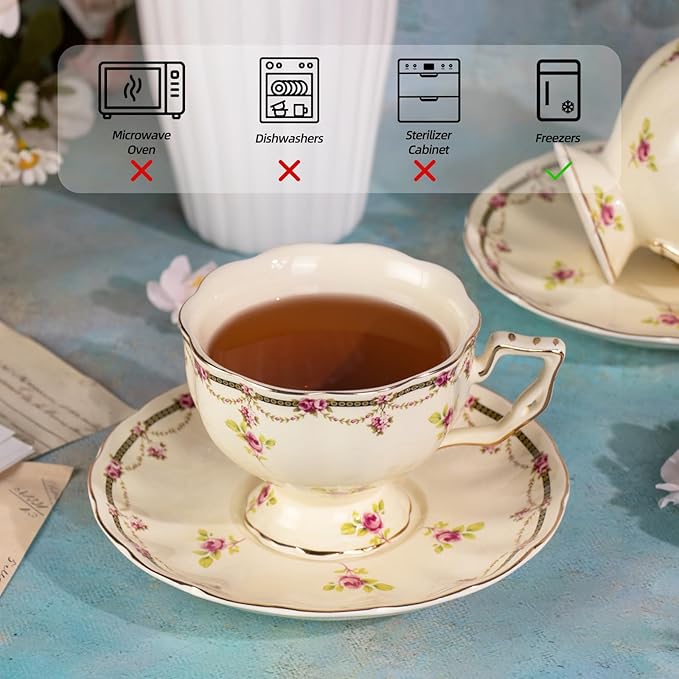 KAMMAK Tea Cups and Saucers Set of 2, Porcelain, 7.8-Ounce | Stackable Espresso Mugs | Imperial Court Collection | Ceramic Demitasse | For Coffee, Latte, Americano, Tea - Bloomnest