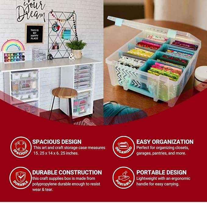 ArtBin 6990SA Super Satchel Double Deep Compartment Box - Art Storage with 8 Removable Compartments, Smart Closure for Craft Supplies (Clear & Aqua- Pack of 1) - Bloomnest