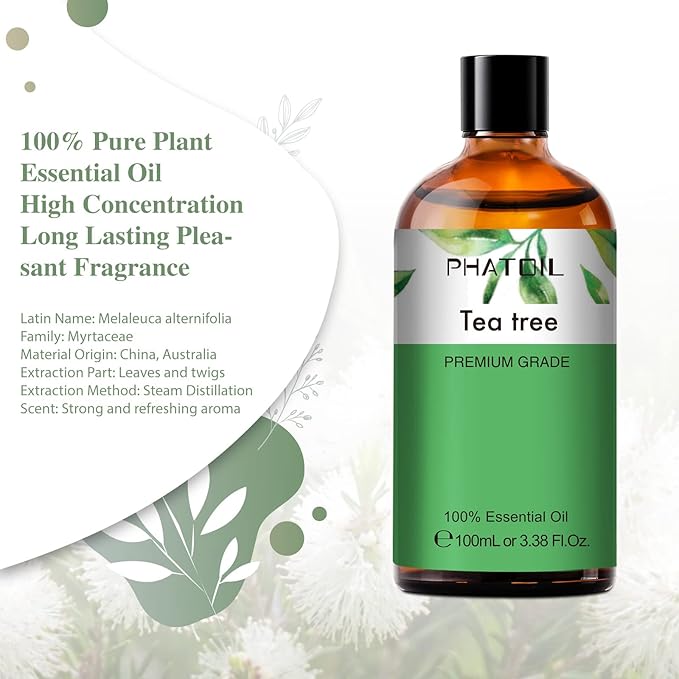 Tea Tree 3.38fl.oz Essential Oil, PHATOIL Pure Aromatherapy Oils for Diffuser, Humidifier, Perfect for DIY Soap, Candle, Bath Bombs Making(100ml) - Bloomnest