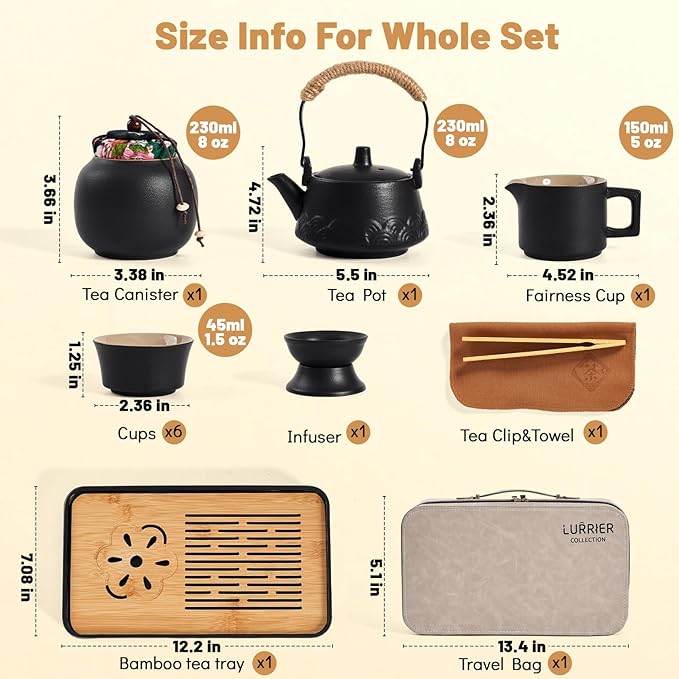 LURRIER Gongfu tea sets, Portable Ceramic TeaSet, Asian Tea sets for adult, Tea Gift sets, Grey leather case, Portable Travel Bag,Home,Gifting,Outdoor and Office(Black) - Bloomnest