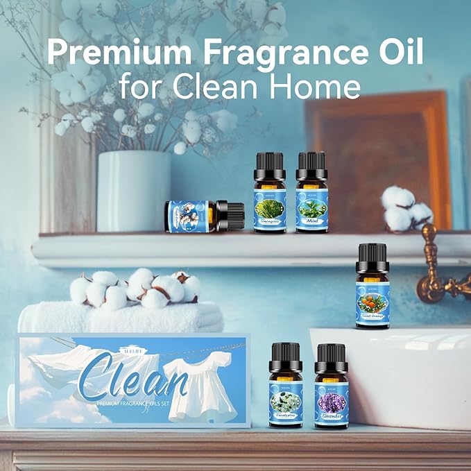 Clean Essential Oils Set for Diffuser & Candle Making | 6 Pack Premium Aromatherapy Oils Gift Set - Lavender, Eucalyptus, Mint, Sweet Orange, Lemongrass, Clean Cotton for Home, Relaxation & DIY - Bloomnest