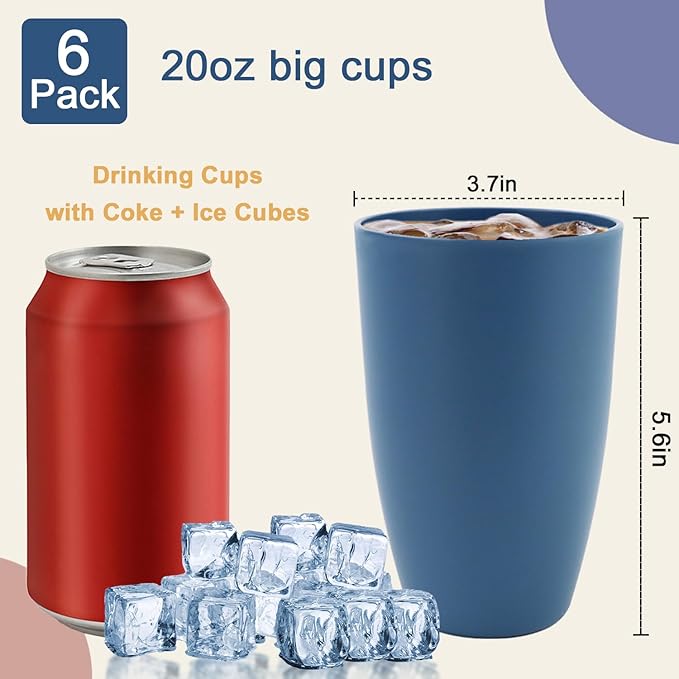 Wheat Straw Cups Large Drinking Cups Set of 6-20 OZ Large Capacity Plastic Tumblers Unbreakable Glasses Drinking Microwave and Dishwasher Safe Kitchen Water Glasses - Blue - Bloomnest