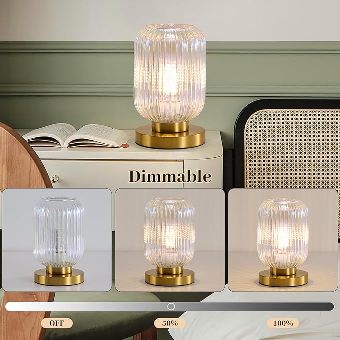 Dimmable Colorful Glass Table Lamp: Mid Century Modern Nightstand Light With Stained Shade - Small Decorative Brass Desk Lamp - Ribbed Glass Bedside Tables Lamps for Bedroom Living Room Bulb Excluded - Bloomnest