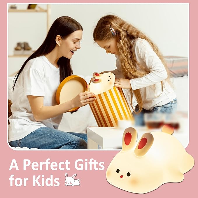 Attivolife Cute Bunny Nursery Light, Easter Rabbit Squishy Silicone Touch Night Lamp Rechargeable, Kawaii Animal Toddler Room Decor Table Lamp, Child Girl Women Birthday Gift - Bloomnest