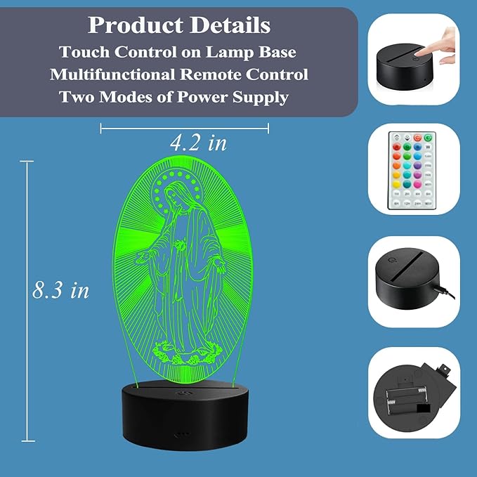 Virgin Mary Night Light, Virgin Mary Gifts, 3D Illusion Lamp with Remote Control, 16 RGB Colors, 4 Flashing Modes, Timer, Dimmable, Kids Catholic Gifts Room Decoration for Holiday Birthday Christmas - Bloomnest