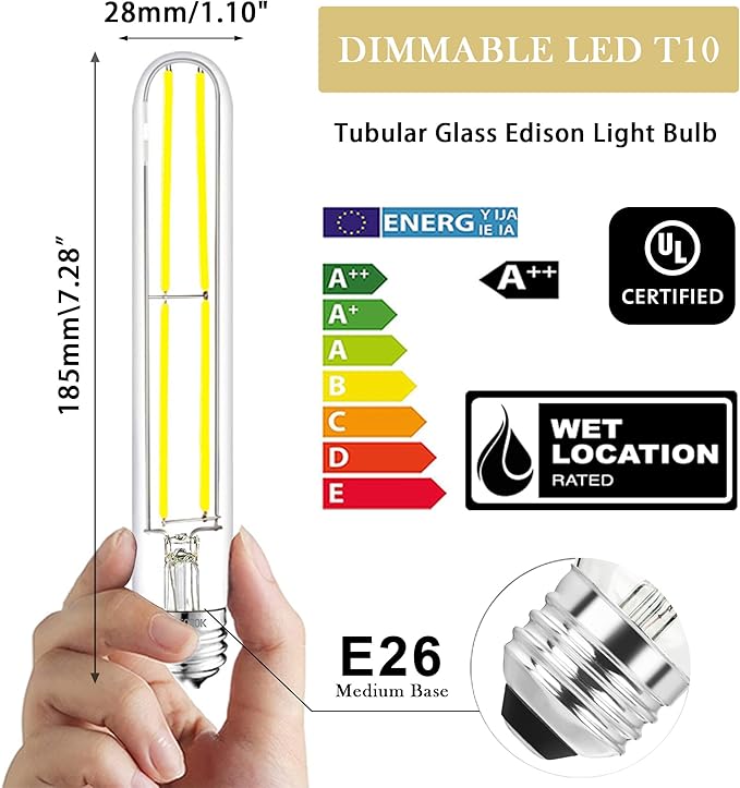 7.3 Inch E26 Led Bulb 6W Dimmable, 6000K Cool White Edison Bulbs 800LM, Equal 80 Watt Tubular T10 T9 Long Clear Glass Light Bulb for Rustic Pendant Industrial Pipe Wall Sconces - 4Pack - Bloomnest
