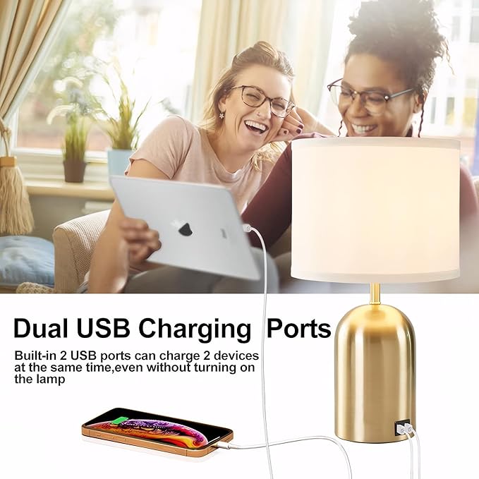 GyroVu Bedside Lamp with USB Port, Touch Control Table Lamp for Bedroom 3 Way Dimmable Modern Nightstand Lamp with Fabric Shade Gold Base for Living Room, Dorm, Home Office, LED Bulb Included - Bloomnest
