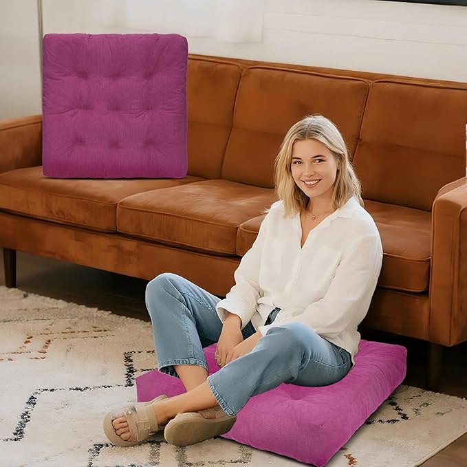 Meditation Floor Pillow Set of 2, Square Large Pillows Seating for Adults, Tufted Corduroy Cushion for Tatami Living Room, 22x22 Inch FP-Purple