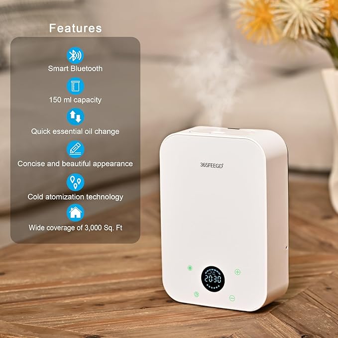 Waterless Oil Diffuser - Pure Essential Oil Diffuser with App Control - 150ml/1700 Sq.Ft. Coverage for Effective Aromatherapy in Home/Office/Hotel (White) - Bloomnest